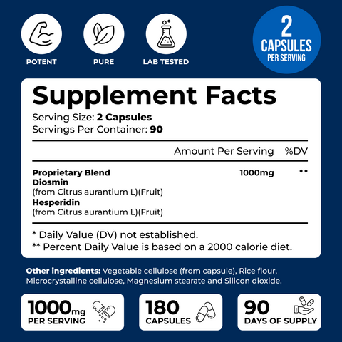 Diosmin Hesperidin 1000mg – 180 Capsules (90-Day Supply)